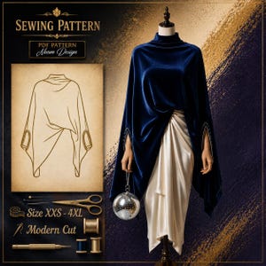 Op de afbeelding: Een marineblauwe fluwelen cape en een crèmekleurige jurk worden getoond op een mannequin. De afbeelding bevat een illustratie van een naaipatroon, de tekst "Sewing Pattern" en "Size XXS-4XL."