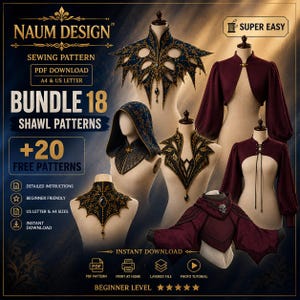 Op de afbeelding: Een digitaal naaipatroonpakket genaamd Naum Design Bundle 18 met diverse sjaal- en bolero-ontwerpen op etalagepoppen. De collectie bevat donkergekleurde kledingstukken met borduurwerk, capuchons en vetersluitingen die direct te downloaden zijn.