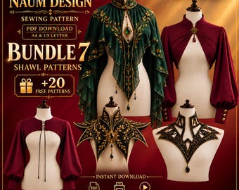 Könnte beinhalten: Ein digitales Schnittmuster-Paket mit dem Titel Naum Design Bundle 7 Shawl Patterns, das fünf verschiedene Schal- und Bolero-Designs auf Schaufensterpuppen zeigt. Die Kleidungsstücke umfassen einen grünen bestickten Umhang, einen weinroten Bolero und schwarze strukturierte Kragen.