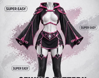 Könnte beinhalten: Schwarzes und pinkfarbenes Cosplay-Kostüm mit Kapuzen-Umhang, Crop-Top, Rock und Oberschenkelstrümpfen. Das Kostüm hat dekorative Akzente und den Text "GET 1 FREE PATTERN" und "SEWING PATTERN".