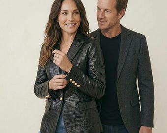 Women Real Leather Crocodile Embossed Blazer | Black Double Breasted Coat | Golden Buttons | Luxury Slim Fit Jacket