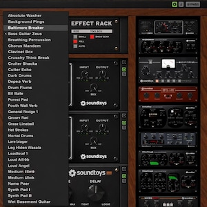 May include: A digital audio workstation (DAW) interface with various audio effects. The interface features multiple modules with knobs, buttons, and displays. The "Effect Rack" is displayed at the top, with "Soundtoys" branding on some modules.