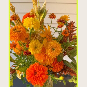 K&ouml;nnte beinhalten: Ein lebendiger Blumenstrau&szlig; aus orangefarbenen und gelben Blumen, darunter Ringelblumen und Zinnien, mit gr&uuml;nem Laub. Das Arrangement steht vor einem neutralen Hintergrund und schafft eine warme, einladende Blumenausstellung.