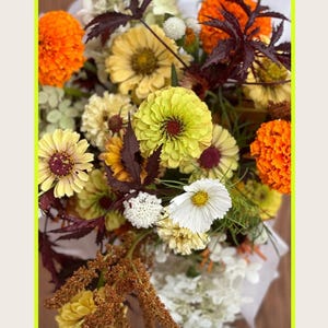 K&ouml;nnte beinhalten: Ein lebendiger Blumenstrau&szlig; mit gemischten Blumen, darunter leuchtend orangefarbene Ringelblumen, gelbe Zinnien und wei&szlig;e Kosmeen. Dunkelburgunderfarbene Bl&auml;tter und kleine wei&szlig;e Pomponbl&uuml;ten setzen Kontraste. Die Anordnung ist in wei&szlig;es Papier gewickelt.
