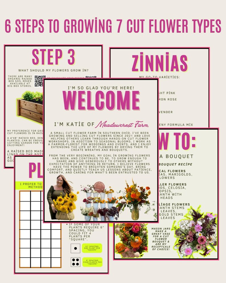 K&ouml;nnte beinhalten: Eine informative Grafik mit dem Titel "6 Schritte zum Anbau von 7 Schnittblumentypen". Sie enth&auml;lt Text, Diagramme und Fotos &uuml;ber den Anbau von Blumen, einschlie&szlig;lich Zinnien, und die Erstellung von Str&auml;u&szlig;en. Die Grafik zeigt eine Frau, die Sonnenblumen h&auml;lt.