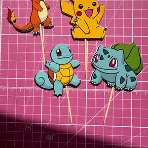 Decoraciones para cupcakes de Pokémon x4 /Pikachu/Charmander/Bulbasaur/Squirtle