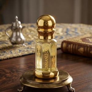 May include: A gold-colored perfume bottle with a spherical cap and the text "OSMANLI OUD" in gold lettering. The bottle sits on a matching gold-toned stand with decorative feet. A silver teapot and a book are in the background.