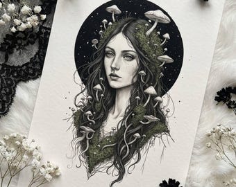 The Mycelium Queen Art Print | Mushroom Witch Portrait |Forest Spirit Decor | Nature Occult Illustration