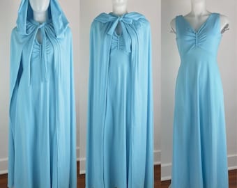 Vintage 60s 70s Dress & Hooded Cloak Cape Aqua Blue Matching Set 2 Piece Size 10