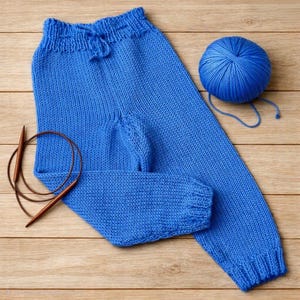 May include: A pair of bright blue hand-knitted trousers featuring a ribbed waistband with a drawstring, ribbed cuffs at the ankles, a matching ball of blue yarn, and a circular knitting needle with a flexible cord and wooden tips.