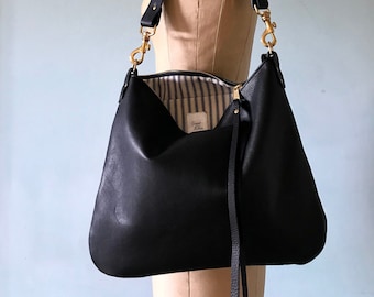 Black leather bag, Dumpling black leather crossbody handbag, black leather purse