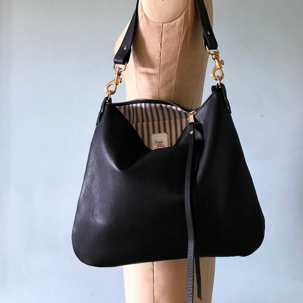 Black leather bag, Dumpling black leather crossbody handbag, black leather purse