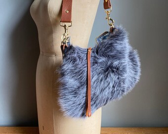 Shearling and leather Sweet Dumpling handbag, grey blue sheepskin leather purse, crossbody bag