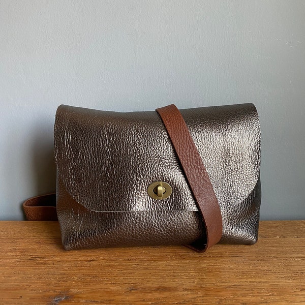 Gunmetal leather Beatrice crossbody mini satchel, metallic leather bag
