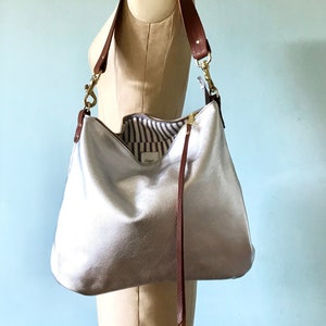 Leather Dumpling bag, silver leather crossbody handbag, metallic leather purse