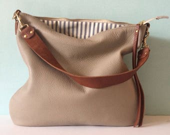 Stone leather bag, taupe leather handbag, grey leather messenger bag, leather purse