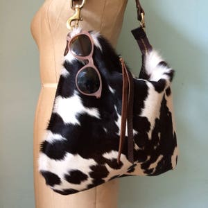 Brown leather and cowhair Dumpling bag, dark brown leather handbag