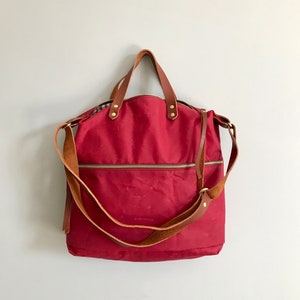 Waxed canvas leather work bag, red waxed canvas tote bag, Expedition bag, changing bag, waxed canvas and leather crossbody bag