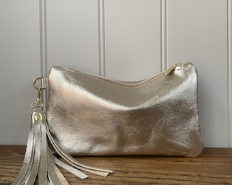 Gold leather clutch bag, gold Thorpe purse, leather make up bag, pencil case