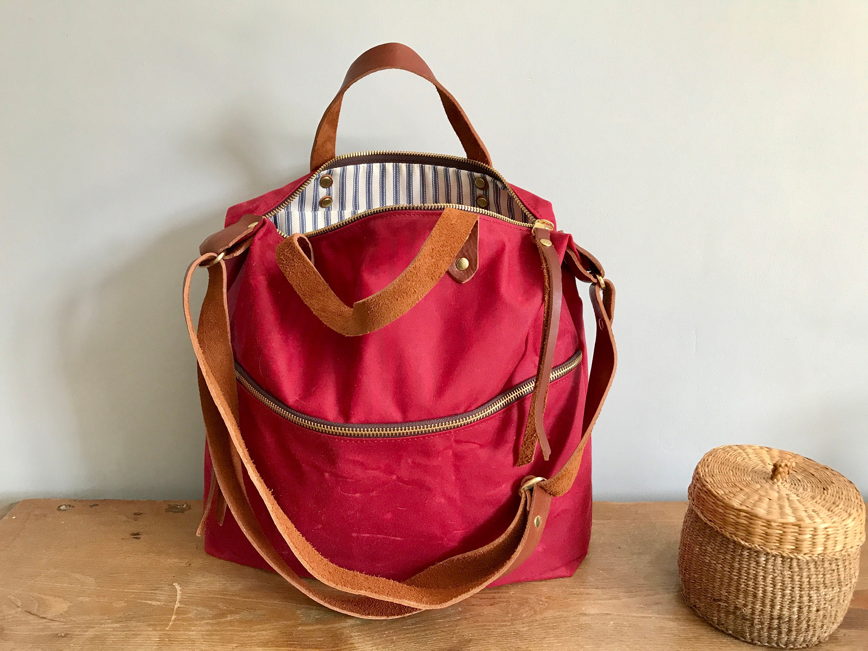 Waxed canvas leather work bag red waxed canvas tote bag Etsy