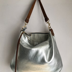 Large leather bag, Dumpling 2 silver  leather bag, silver leather messenger bag, silver metallic leather purse