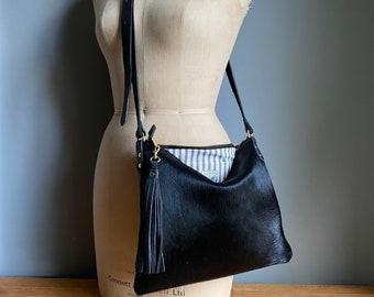 Black leather Miss Mason handbag, black cowhair bag, black leather and cowhair purse