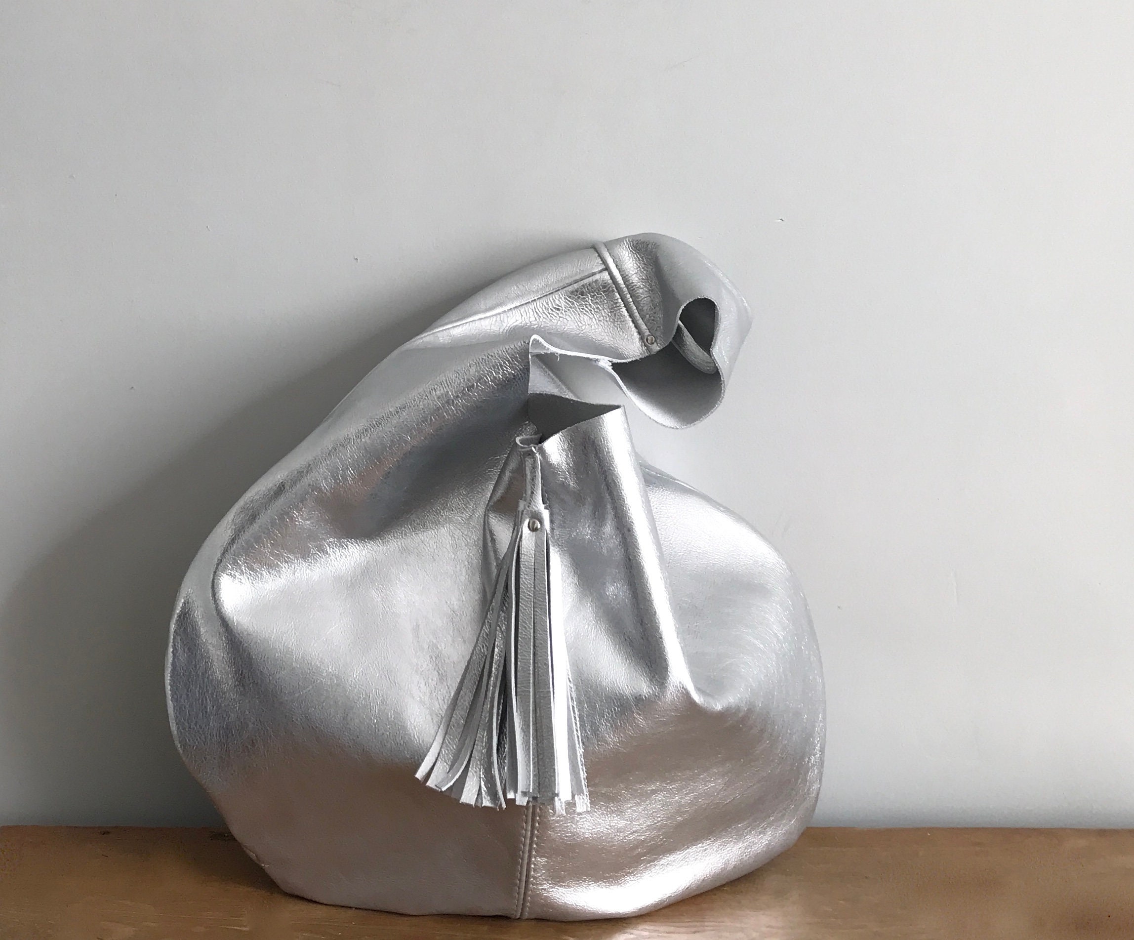 Leather hobo bag silver leather Slouch bag metallic leather Etsy