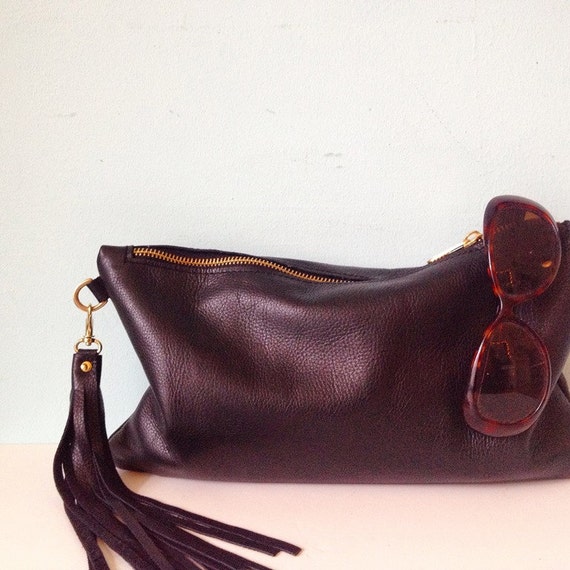 Black leather clutch bag Etsy