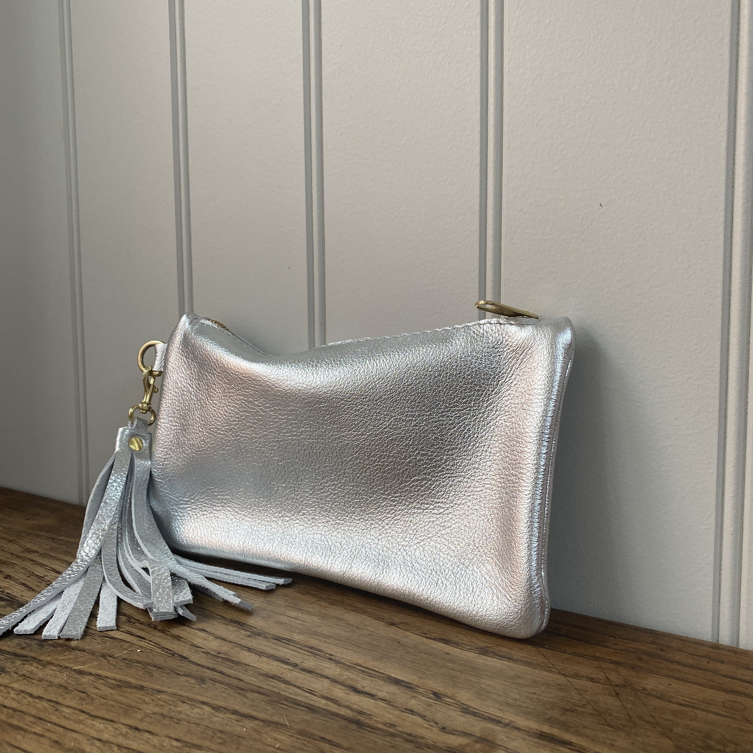 Silver Leather Clutch Bag Thorpe Metallic Zipped Purse Make Etsy UK