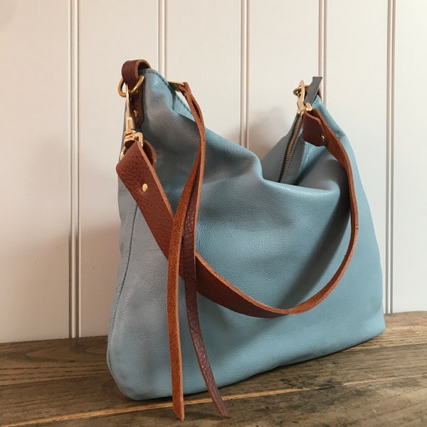 Leather bag, Dumpling pale blue leather handbag, duck egg blue leather messenger bag, blue leather Dumpling purse