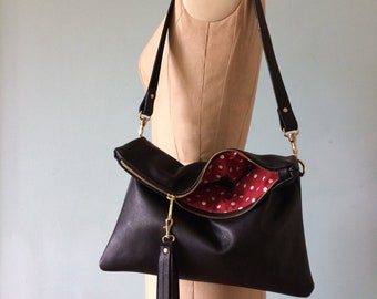 Black leather clutch, leather purse, black evening handbag