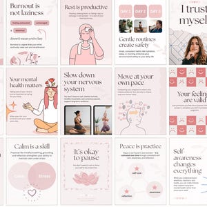 May include: A collection of pink and white graphic cards with text about mental health, including topics like burnout, self-care, and emotional regulation. Illustrations and inspirational quotes are featured.