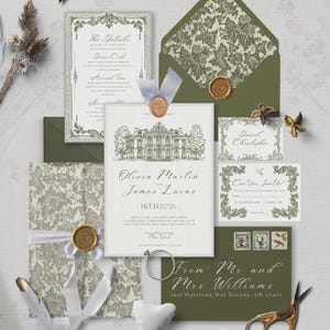 May include: A sophisticated wedding stationery set in olive green and cream. The set includes invitations, RSVP cards, and envelopes, adorned with wax seals and ribbons. The main invitation features the names Olivia Martin and James Lucas.