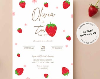 May include: A white invitation card with a strawberry theme. The text reads "Olivia is Two Sweet" with event details. Strawberries and pink flowers decorate the card. A digital product instant download is available.