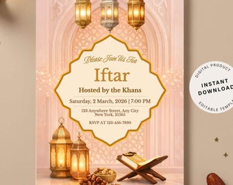 Puede incluir: Una invitación para un evento Iftar, con un diseño decorativo dorado y crema. La invitación incluye el texto "Please Join Us For Iftar" y los detalles del evento. La imagen también incluye linternas, dátiles y un libro.