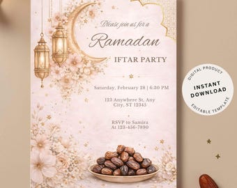 Puede incluir: Invitación a una fiesta de Iftar de Ramadán con un diseño en tonos rosa y dorado. Incluye una luna creciente, detalles florales y faroles colgantes. El texto dice: "Únase a nosotros para una fiesta de Iftar de Ramadán".