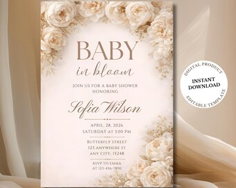 May include: A baby shower invitation with a floral design. The invitation features the text "BABY in bloom" and details for the event, including the honoree's name, date, time, and location. The design includes a floral arch and a "Digital Product" label.