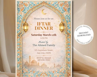 Puede incluir: Una invitación a una cena Iftar, con un diseño de arco decorativo, una luna creciente y linternas. El texto incluye la fecha, la hora y el nombre del anfitrión. Descarga instantánea.