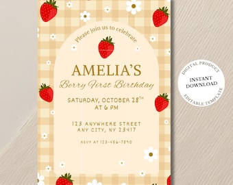 Berry First Birthday Invitation Template, First Birthday, Strawberry 1st Birthday Party, Editable Invitation, Instant Download