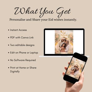 Peut inclure: Une conception num&eacute;rique Eid Mubarak affich&eacute;e sur un ordinateur portable et un smartphone. L'image montre un portrait de famille dans un cadre orn&eacute;. Le texte comprend "What You Get" et des puces d&eacute;taillant l'acc&egrave;s instantan&eacute;, le lien PDF avec Canva et les conceptions modifiables.