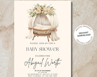 Boho Baby Shower Invitation, Neutral Baby Shower, Boho Baby, Editable Baby Shower Invite, Floral Baby Shower Digital Download
