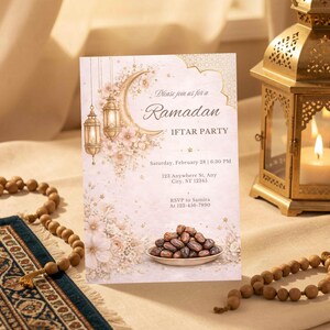 Puede incluir: Una tarjeta de invitaci&oacute;n a la fiesta de Iftar del Ramad&aacute;n con un dise&ntilde;o floral y de media luna. La tarjeta incluye el texto "Please join us for a Ramadan Iftar Party" y los detalles del evento. Tambi&eacute;n se ven una linterna decorativa y cuentas de oraci&oacute;n.