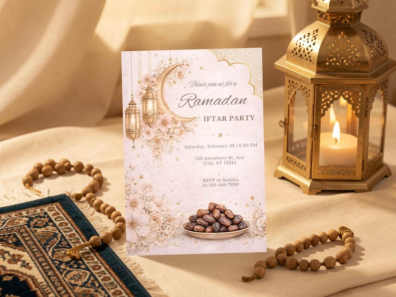 Puede incluir: Una tarjeta de invitaci&oacute;n a la fiesta de Iftar del Ramad&aacute;n con un dise&ntilde;o floral y de media luna. La tarjeta incluye el texto "Please join us for a Ramadan Iftar Party" y los detalles del evento. Tambi&eacute;n se ven una linterna decorativa y cuentas de oraci&oacute;n.