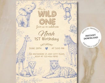 Wild One 1st Birthday Invitation Template, Safari Birthday Invite, Editable Canva Safari Animals Invitation, Digital Download