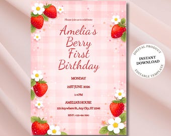Berry First Birthday Invitation, Strawberry 1st Birthday Girl, Berry Sweet One Party, Editable Canva Invite, Digital Download