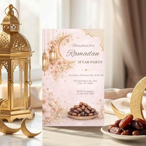 Puede incluir: Una invitaci&oacute;n a una fiesta de Iftar de Ramad&aacute;n con un dise&ntilde;o de luna creciente y linterna. La invitaci&oacute;n es de color rosa claro con detalles dorados e incluye la fecha, la hora y el lugar. Los d&aacute;tiles se muestran en un plato blanco.