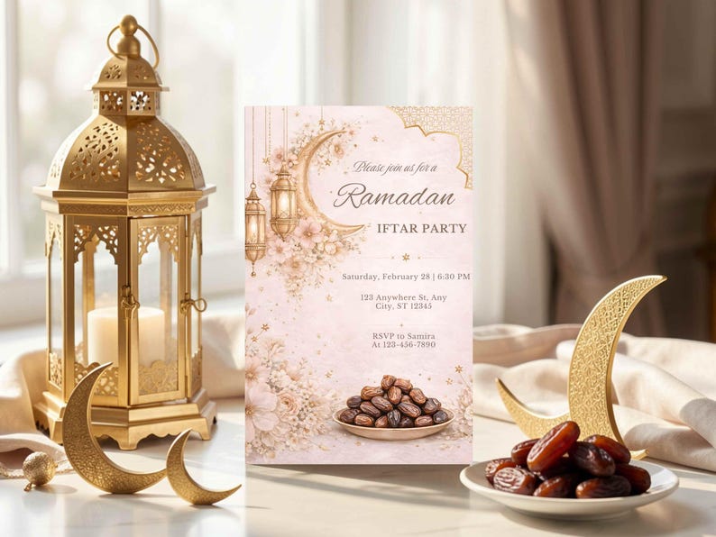 Puede incluir: Una invitaci&oacute;n a una fiesta de Iftar de Ramad&aacute;n con un dise&ntilde;o de luna creciente y linterna. La invitaci&oacute;n es de color rosa claro con detalles dorados e incluye la fecha, la hora y el lugar. Los d&aacute;tiles se muestran en un plato blanco.