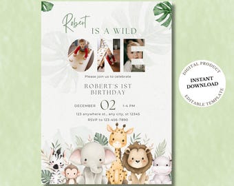 Wild One Birthday Invitation, Safari 1st Birthday Invite with Photo, Jungle First Birthday Editable Canva Template, Digital Download