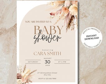 Boho Baby Shower Invitation Template, Neutral Floral Baby Shower Invite, Editable Canva Baby Shower Invitation, Digital Invite