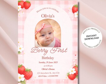 Berry First Birthday Invitation Template, Strawberry 1st Invite Girl, Editable Canva Photo Invite, Berry Sweet One